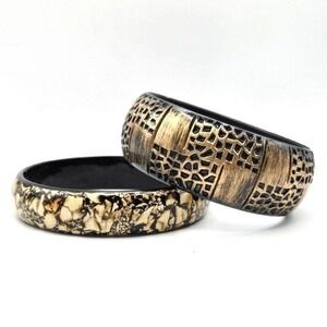Set of 2 Vintage Wide Bangle Bracelets Black Gold Patterned and Resin Inlay